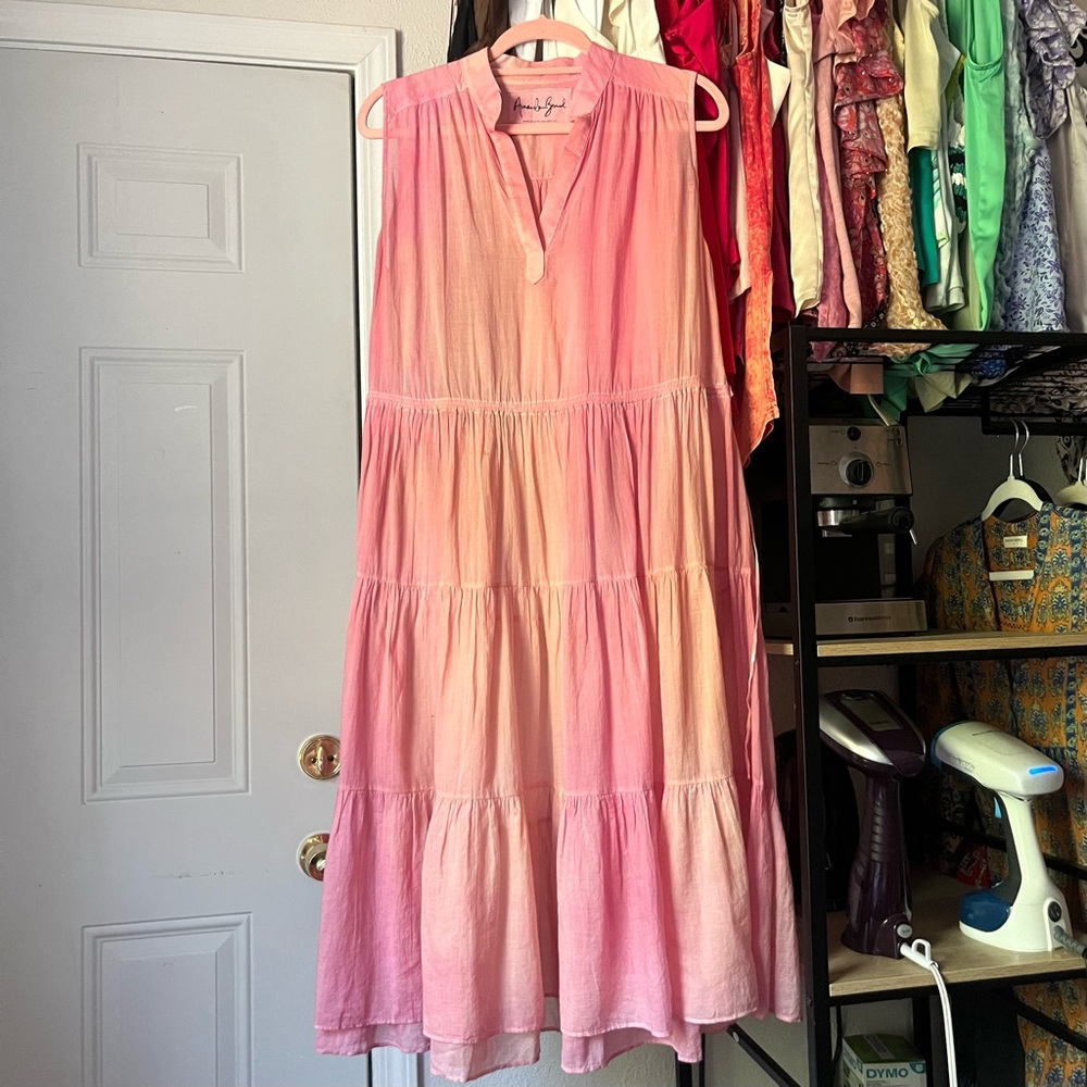 AMANDA BOND peach pink orange tie dye pastel tiered semi sheer midi dress